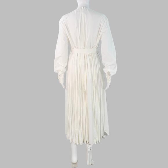 MANTU Size M White Cotton Fringe Belted Midi Dress - Picture 4 of 9